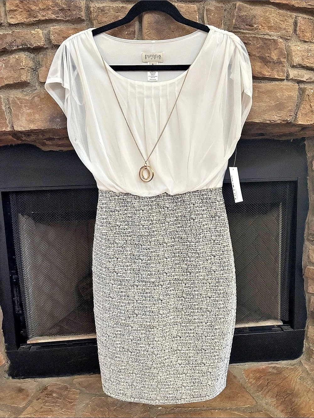 NWT Enfocus Studio Tweed Midi Dress in White & Gray Size 6